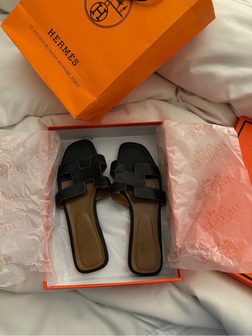 Hermes Black Leather Oran Slide Sandals